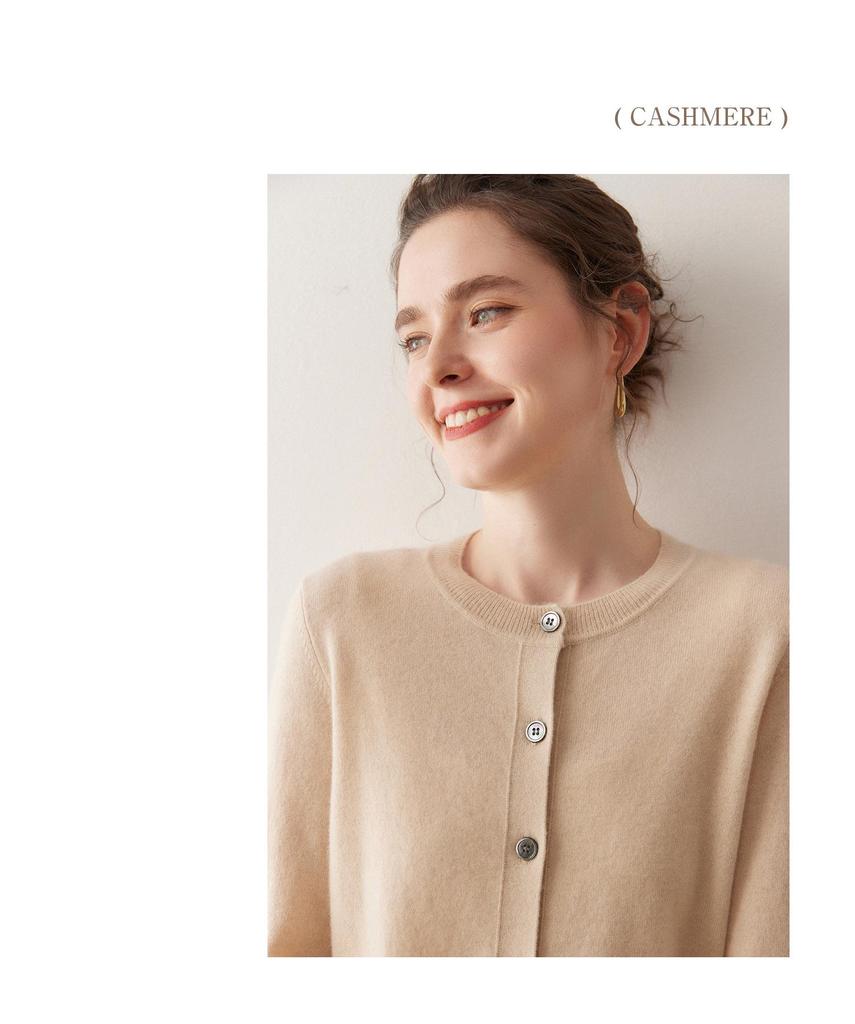 Autumn/Winter Pure Cashmere Women's Gray Round Neck Cardigan - Loose Knit Long Sleeve Sweater