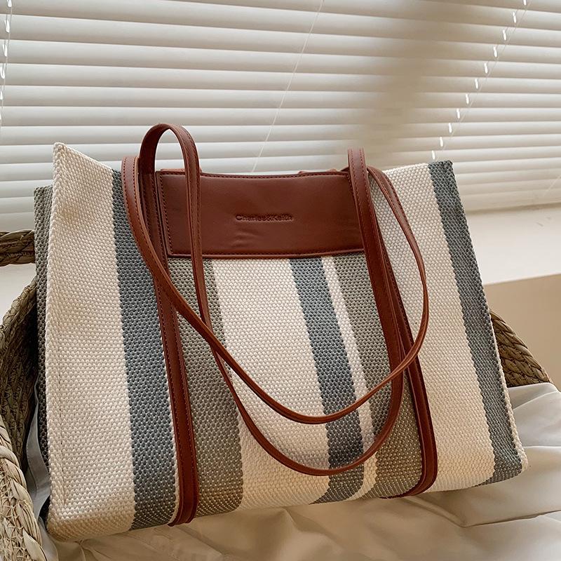Summer Women's Bags Women's New Canvas Bag Commuter Bag Striped Hand Tote Bag