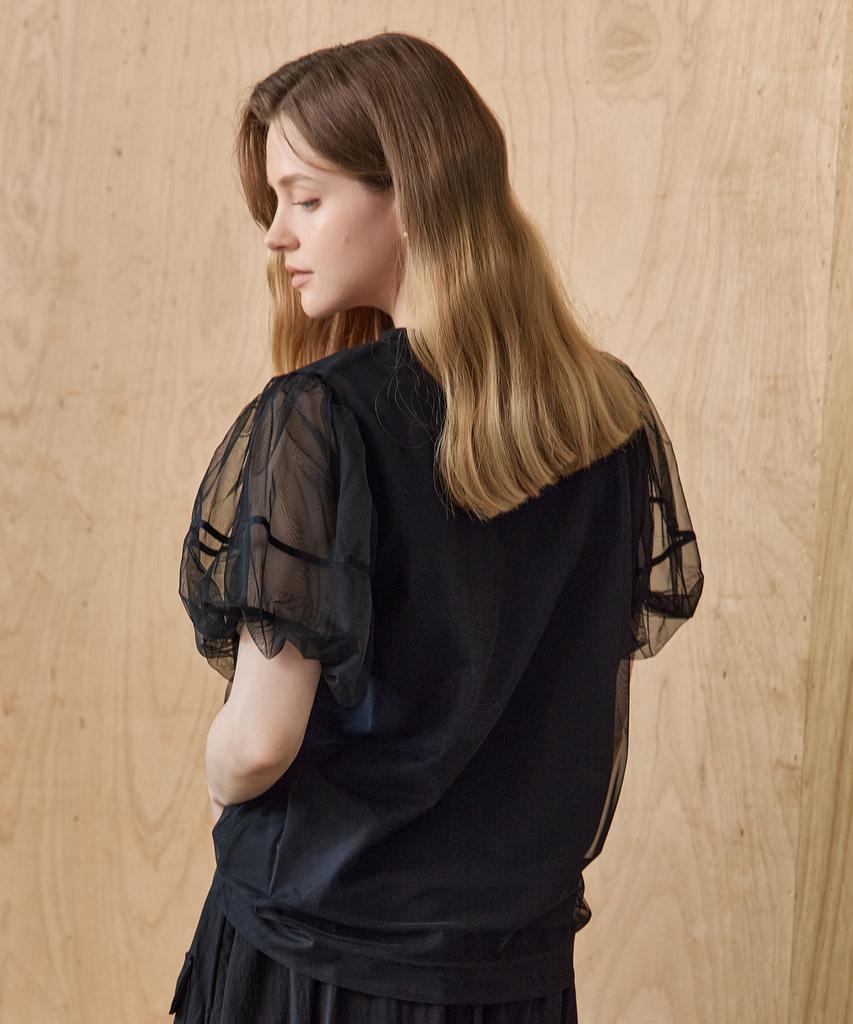 MAXZA Mesh Layered Balloon Sleeve Blouse T-Shirt