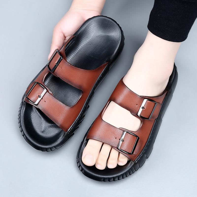 The first layer of cowhide slippers men's summer European and American outer wear beach shoes men's indoor non-slip high-end sandals men's tide