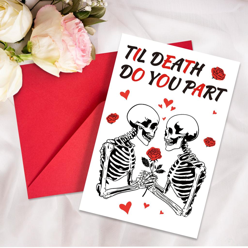 Gothic Skull Valentine's Day Cards - 10pcs "Til Death" Romantic Gothic Stationery Set with Red Envelopes, Dark Love Theme Gift