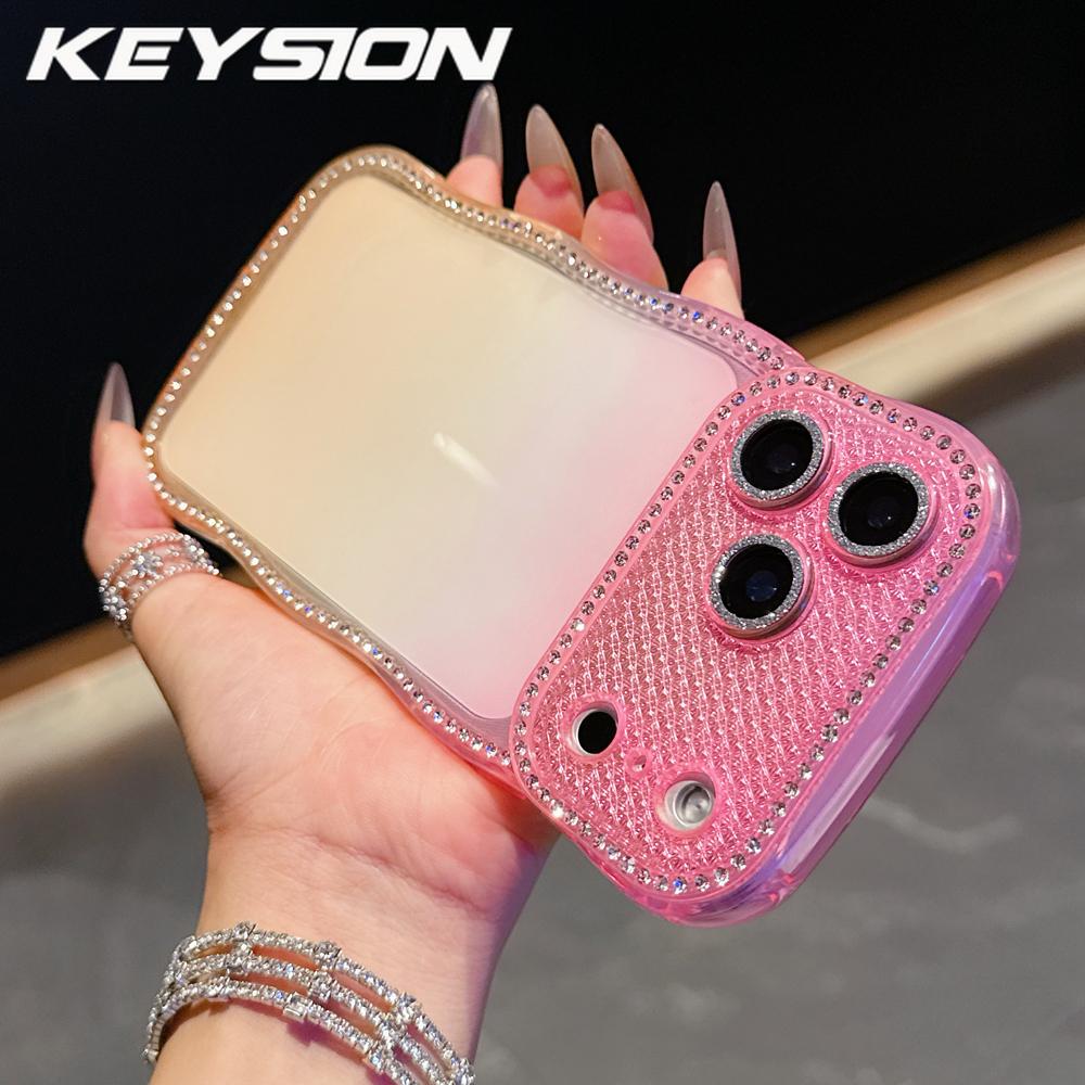 KEYSION Rhinestone Phone Case for iPhone 13 14 15 16 17 Pro Max 17 Air 16 Plus Transparent Wavy Lens Protector Shockproof Back Cover