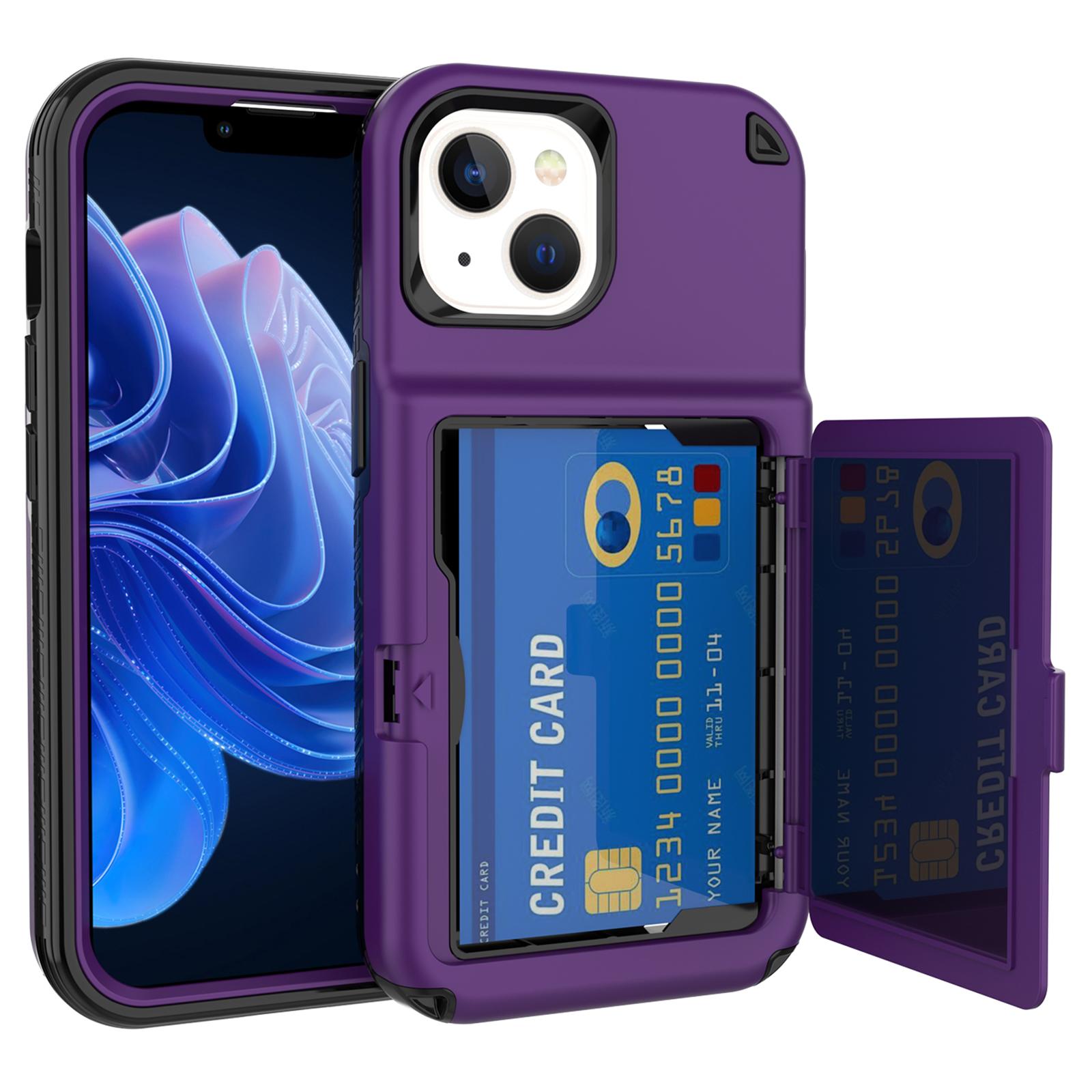 

For iPhone 15 Card Case PC+TPU Phone Cover with Makeup Mirror Purple
