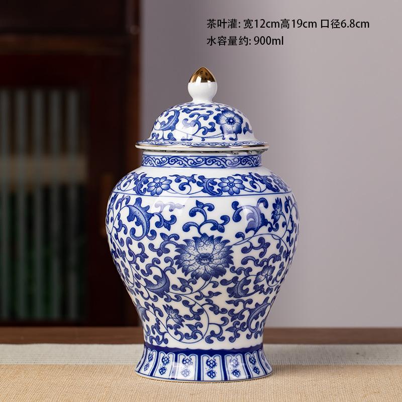 Gold-plated Ceramic Tea Jar Vintage Blue and White Porcelain Sealed Storage Jar Moisture-proof Candy Tea Pot Storage Container
