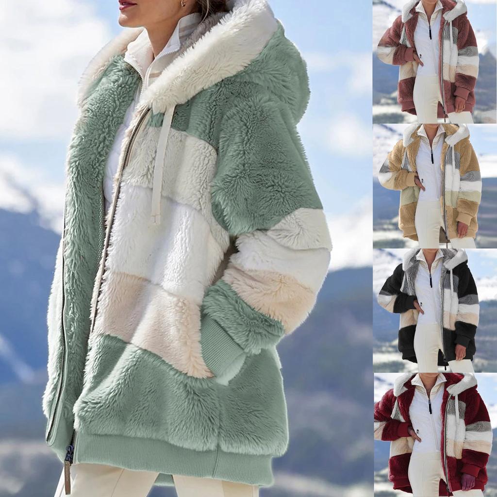 Womens Fashion Splicing Winter Loose Plush Long Sleeve Zipper Pocket Hooded Coat