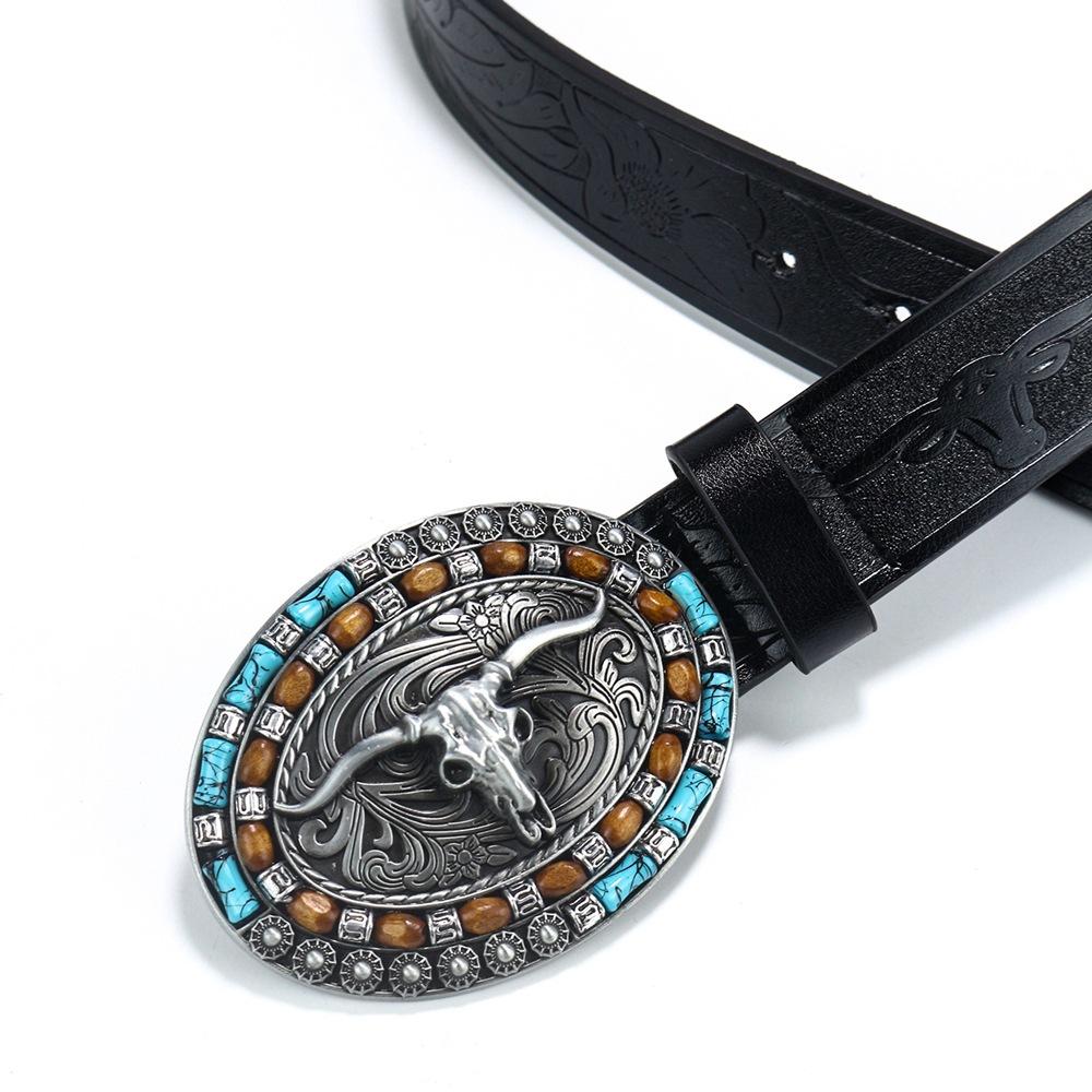 Men'S Western Denim Belt Bull Head Retro Punk Pu Wide Belt