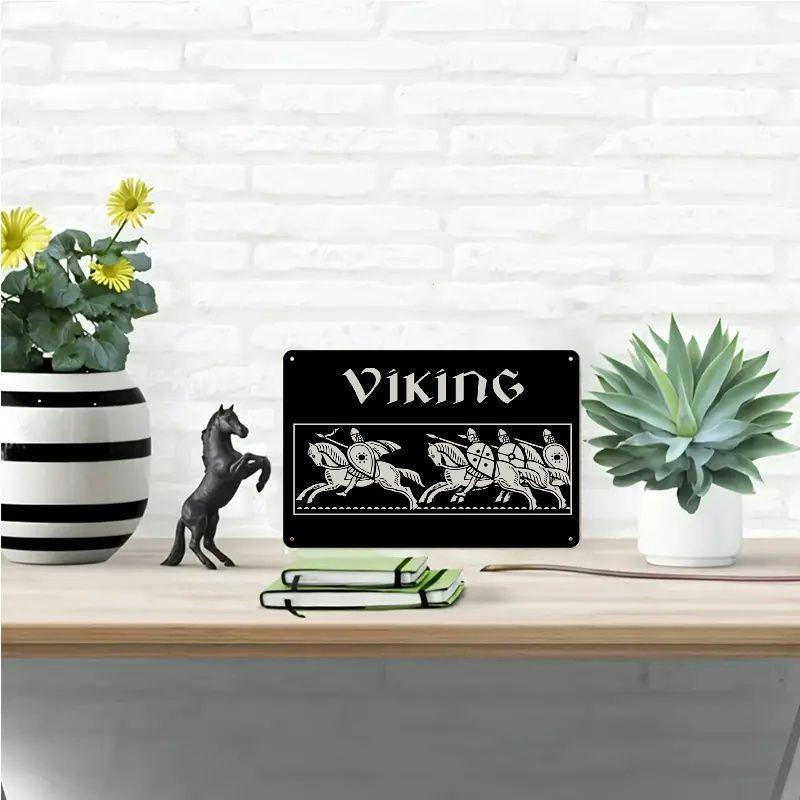 2D flat 30*20cm Wooden Vintage Charm | Viking Riders Wooden Wall Sign Vintage Black and White Plaque with Galloping Horse Design, Ideal for Home