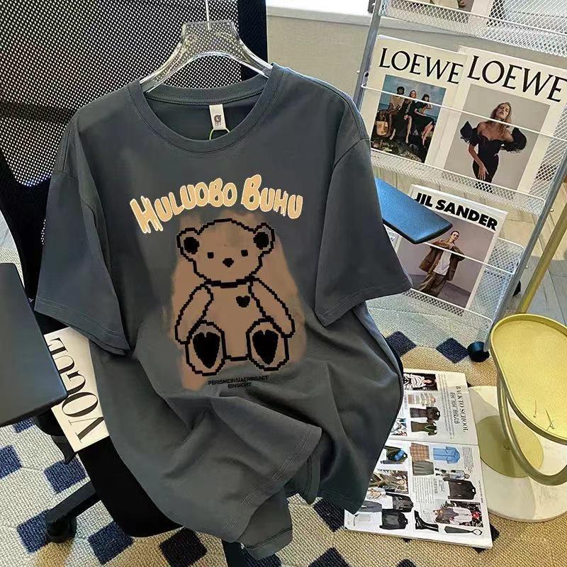 Women's Retro Little Bear Cotton T-Shirt - 2026 Summer Short Sleeve Loose Fit with Cartoon Print for Girls
