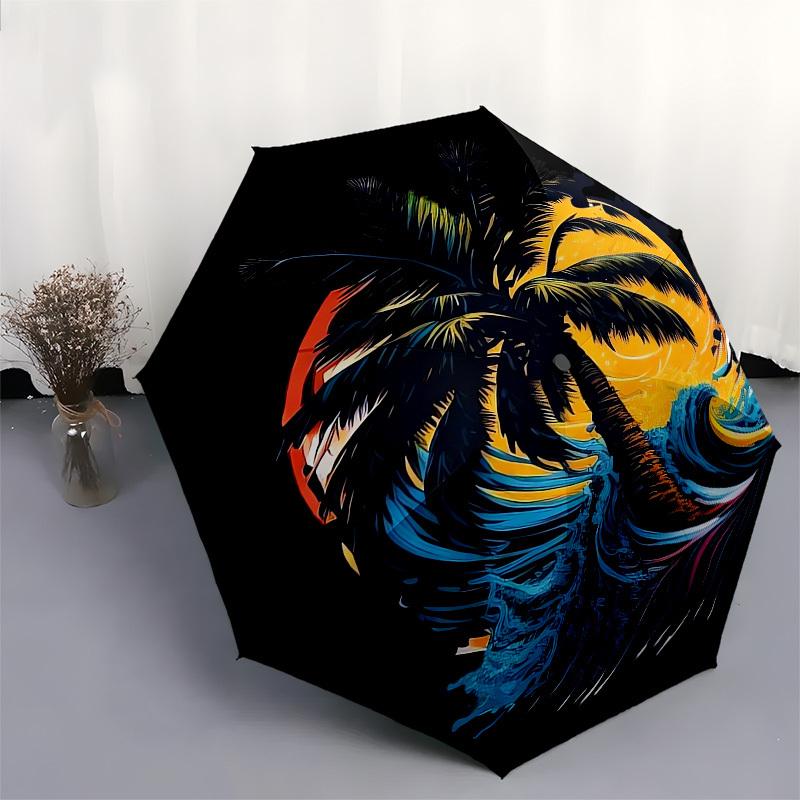 1pc Ocean Wave Sunset Palm Tree Surfing Umbrella with Plastic Handle,Suitable for All Seasons UmbrellaPT447