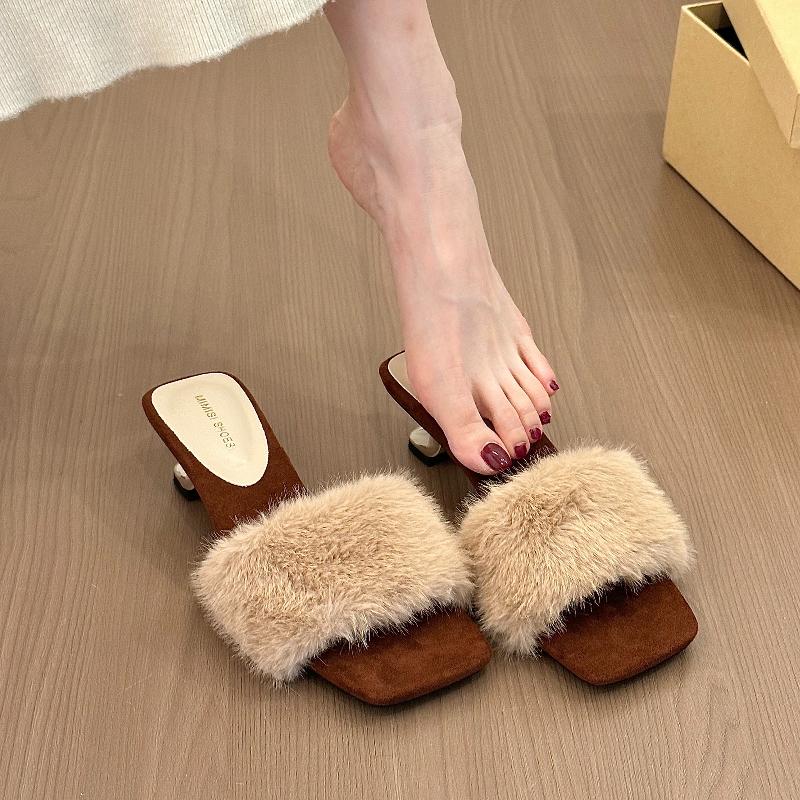 Fashion Women's Slippers New Fashion Plush Warm Luxury Autumn Winter Open Toe Fake Fur Leopard Decorative Non-slip High-heeled Slippers