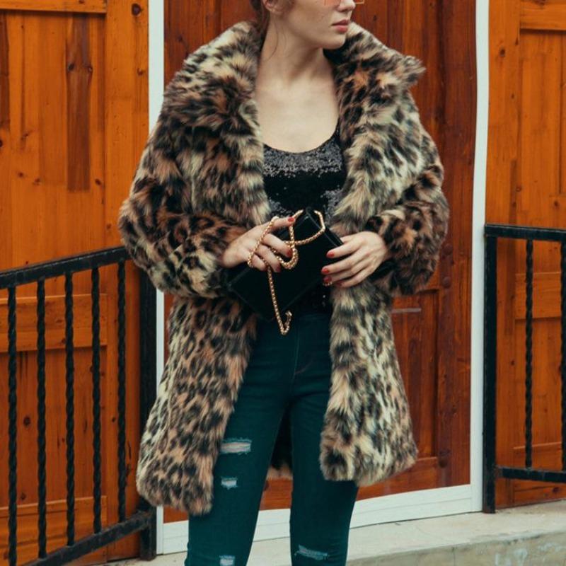 omen's fur acket fashion women's clothing medium and long leopard print artificial fur coat winter thickened warm trench coat