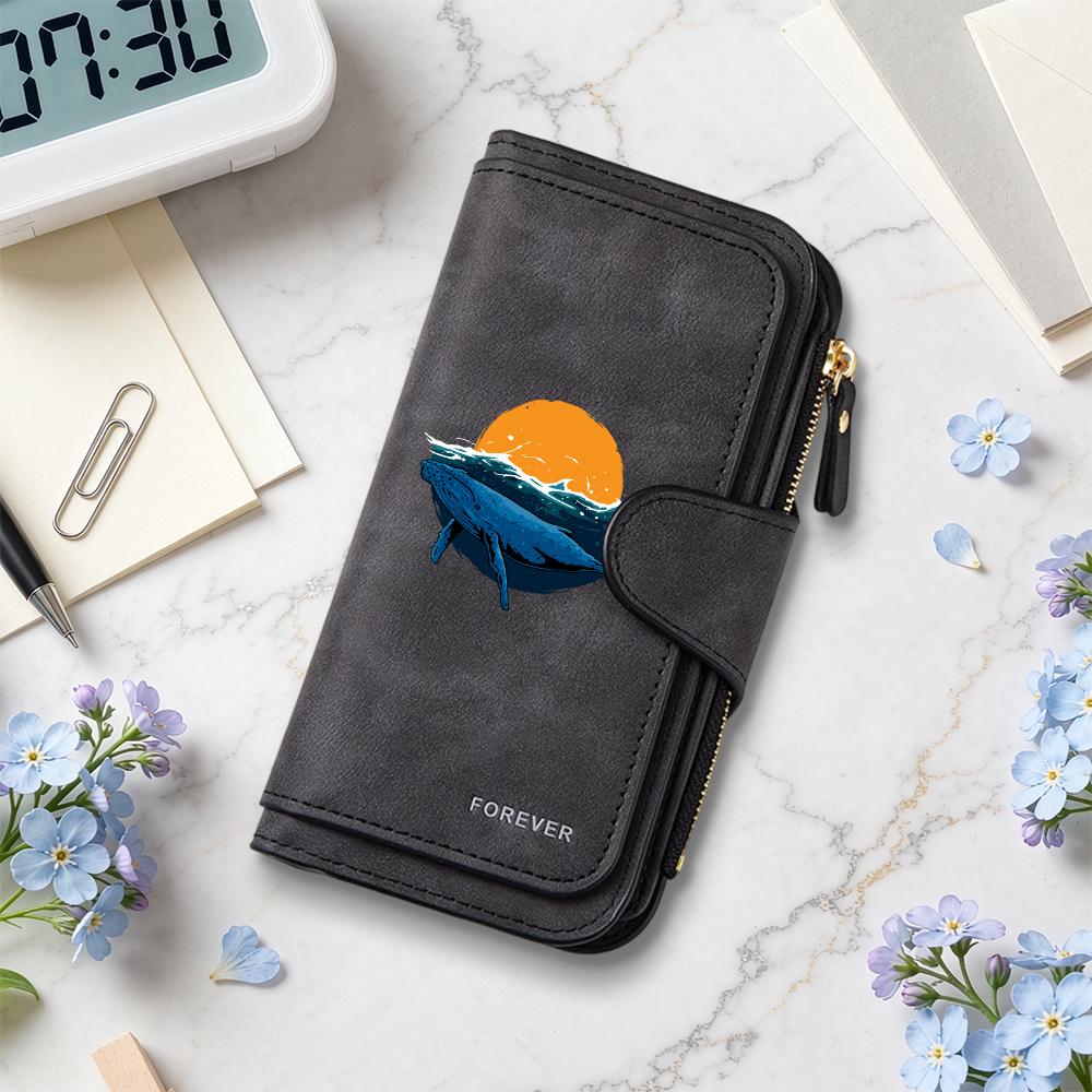 Women Long Wallet Cute Whale Sunset Pattern Card Holder Fashion Casual Portable Purse