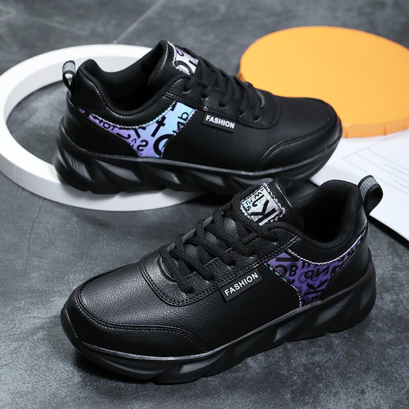 Autumn and winter black leather shoes new casual running shoes flat non-slip sports shoes velvet warm travel shoes