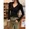 In Stock: Coffee V-Neck Button Base Layer T-Shirt - Autumn 2026 Cropped Top for Women
