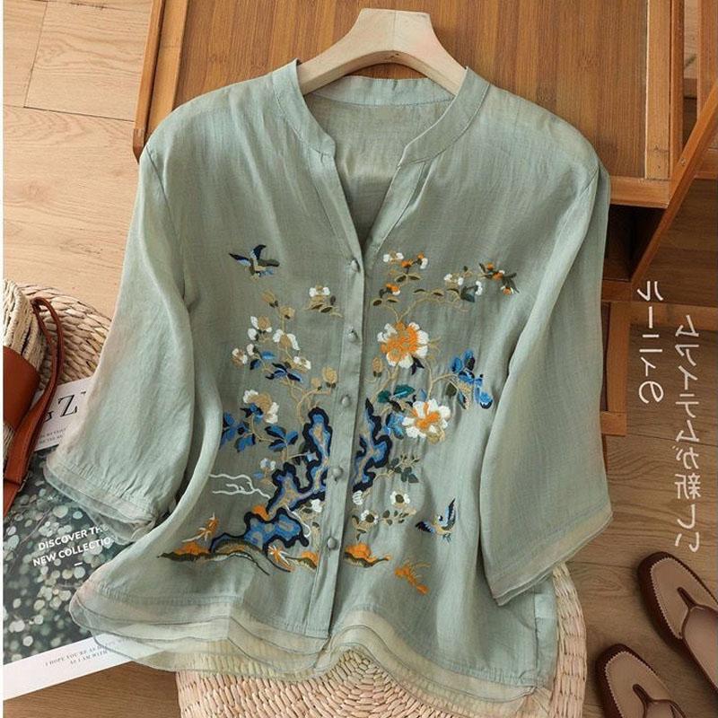 High-end Cotton and Linen Tops Female Summer New Embroidered Cardigan Shirt New Chinese Style Patchwork Bag Buckle Shirt