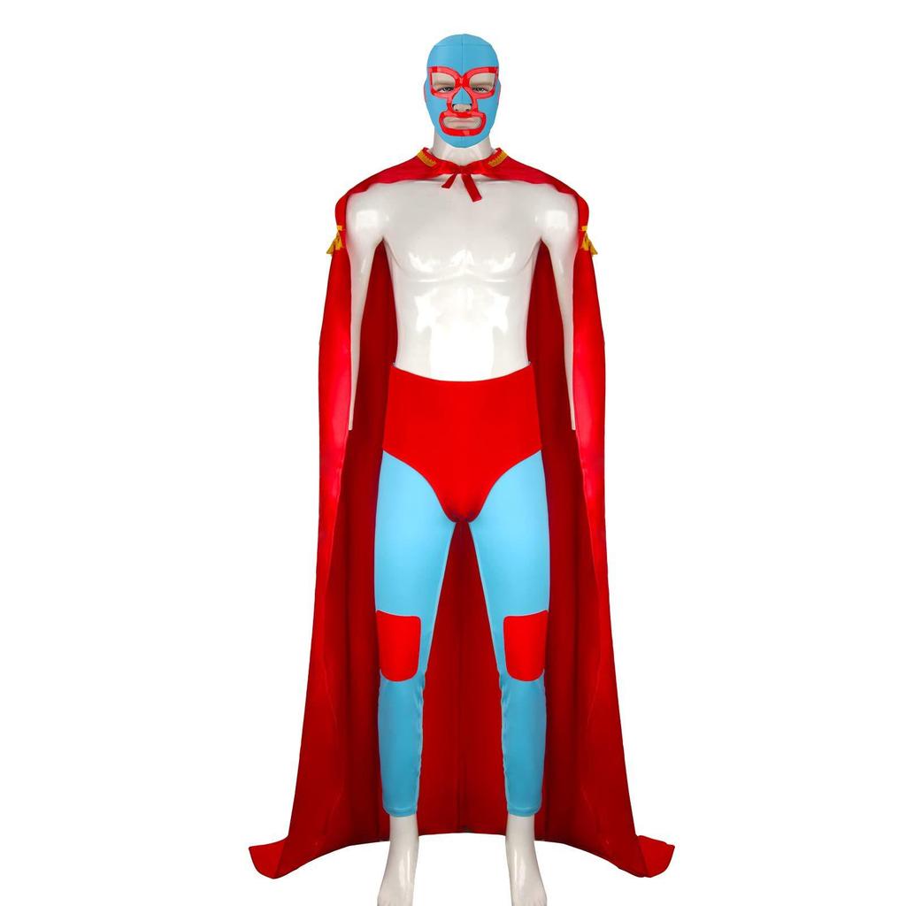 Dospělý kostým zápasníka Nacho Libre Pánský kostým mexického zápasníka Cosplay s červenou kápí, modrými kalhotami a maskou