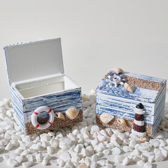 Yousheng Coastal Wooden Trinket Box Handcrafted Nautical Jewelry Box with Starfish Shells Rustic Decorative Storage Box for Beach Home Decor