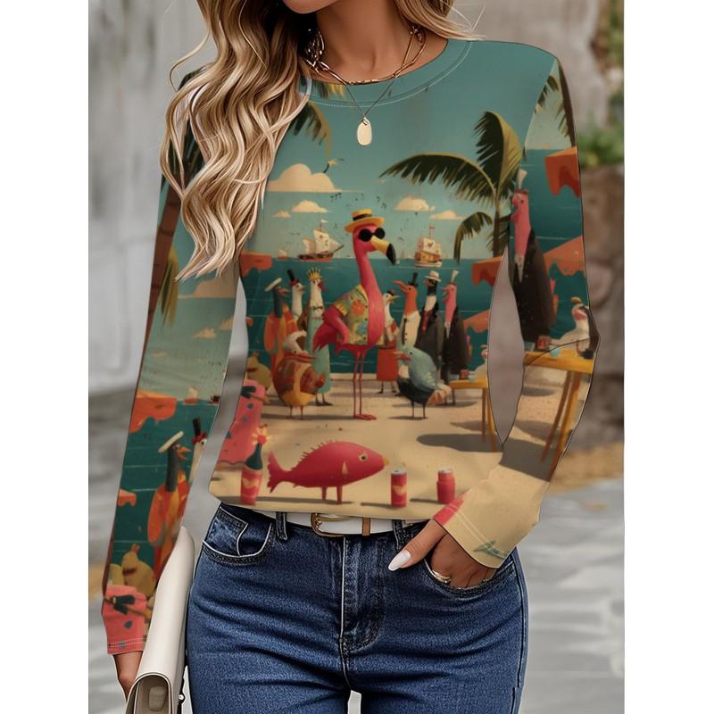 Womens Long Sleeve Crew Neck T-Shirt With 3D Flamingo Print Soft Milk Silk Fabric Loose Fit Casual 2025