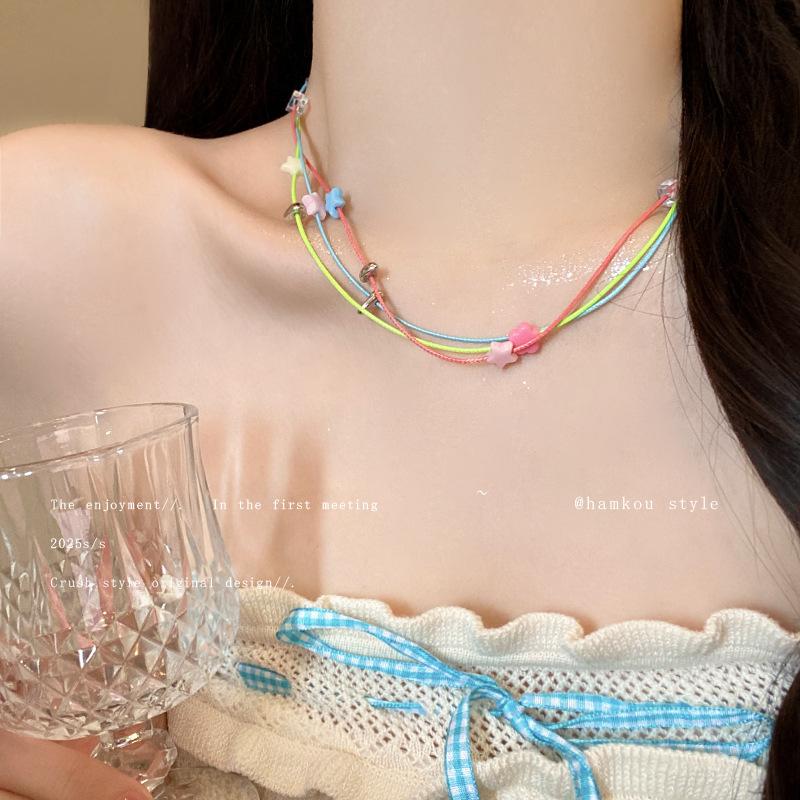Sweet multicolored rope star beaded multi-layer winding necklace female collarbone chain