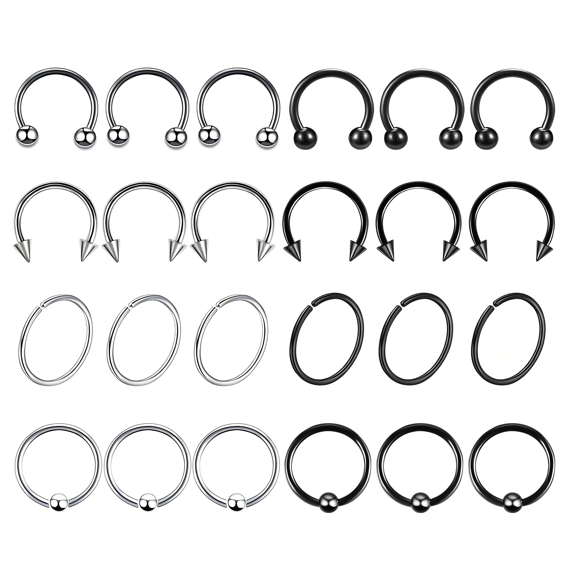 Stainless Steel Ball-head Piercing Jewelry Set, Horseshoe-shaped Rings, Suitable for Nose, Eyebrow, Ear and Lip Piercings 24-piece set, round and horseshoe-shaped