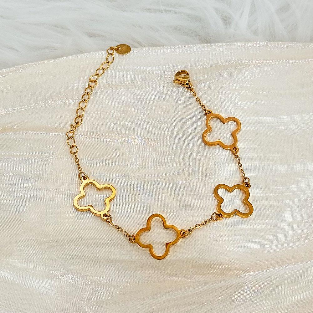 European & American Gold Stainless Steel Bracelet Set: Nail & Four-Leaf Clover Design