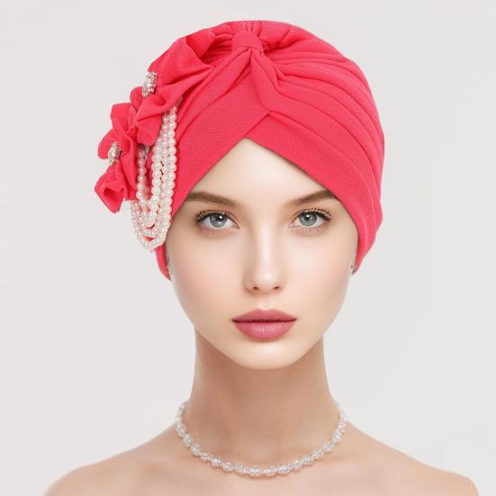 Women Headscarf Hat Imitation Pearls Flower Decor Turban Hat Solid Color Stretchable Fit Headband Sleep Hat