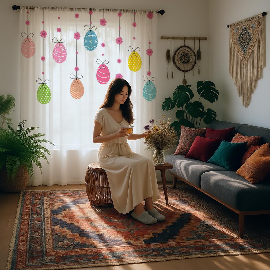 1PC Easter Egg Sheer Curtain - Hanging Colorful Egg Pattern Pole Window Curtain for Spring Home Decor