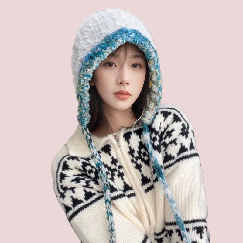 Dámská Fair Isle šněrovací čepice s ochranou uší: Silná, teplá pletená čepice s bambulí na podzim a zimu