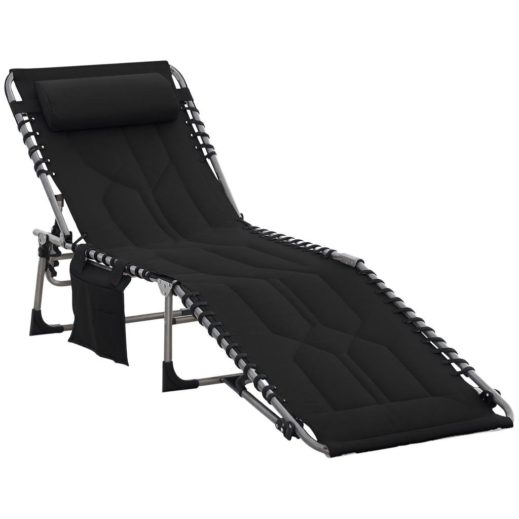 Sun Lounger, Foldable Garden Lounger with Headrest Pillow, Side Pocket, Deck Chair with 5-Way Adjustable Backrest