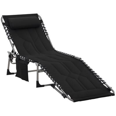 Sun Lounger, Foldable Garden Lounger with Headrest Pillow, Side Pocket, Deck Chair with 5-Way Adjustable Backrest