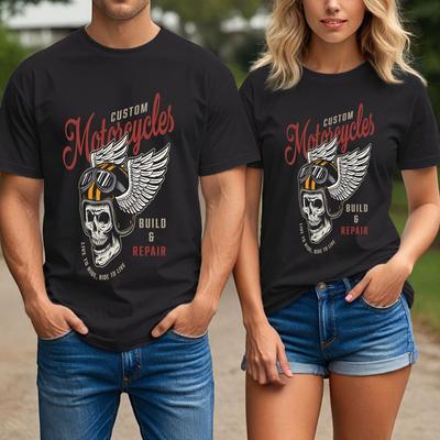 Custom Motorcycles Shirt Unisex Biker Skull Tee Ride To Live Build andRepair Wings