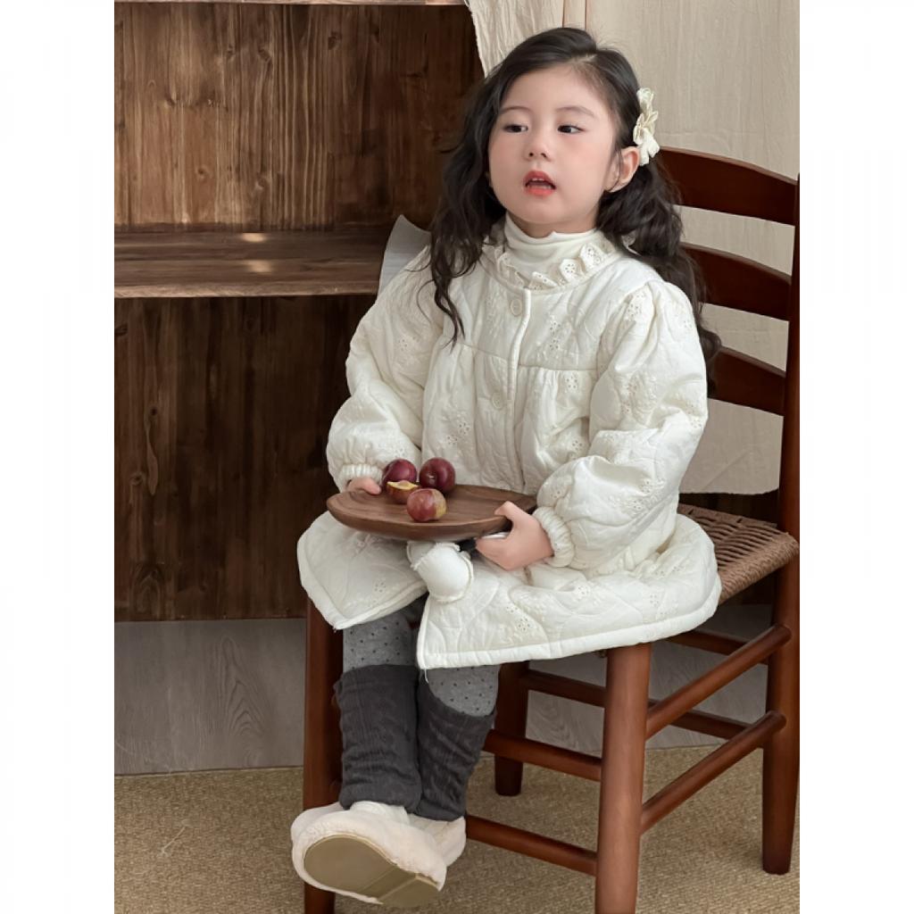 Winter New Children's Clothing Korean Style Children's Lace Embroidered Cotton Long Cotton Clothes Girls' Fleece-lined Lace Princess Cotton Coat