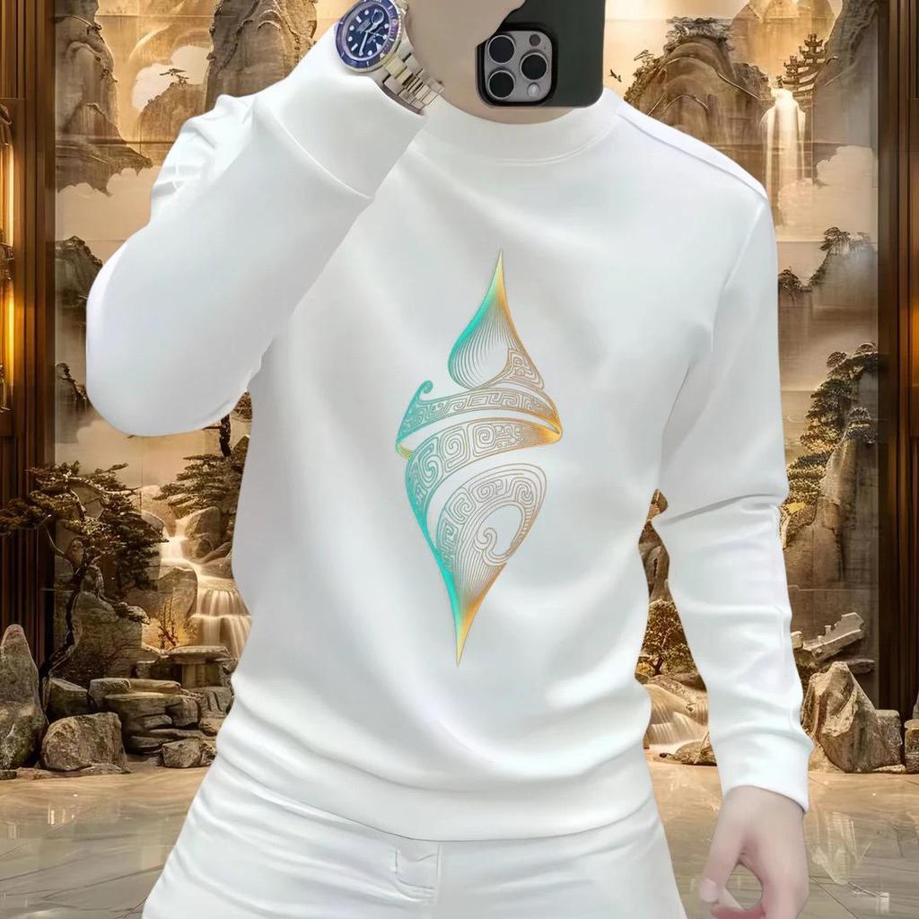 New Men's Printed Velvet Hoodie - Casual Versatile Long Sleeve Round Neck Top for Autumn/Winter Fashion