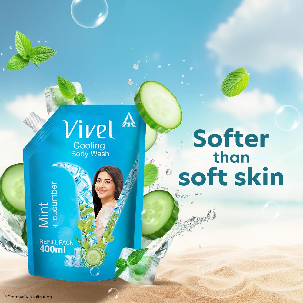 Vivel Mint & Cucumber Body Wash 400 Ml Supersaver Refill Pouch Moisturizing Shower Gel For Soft Smooth Skin