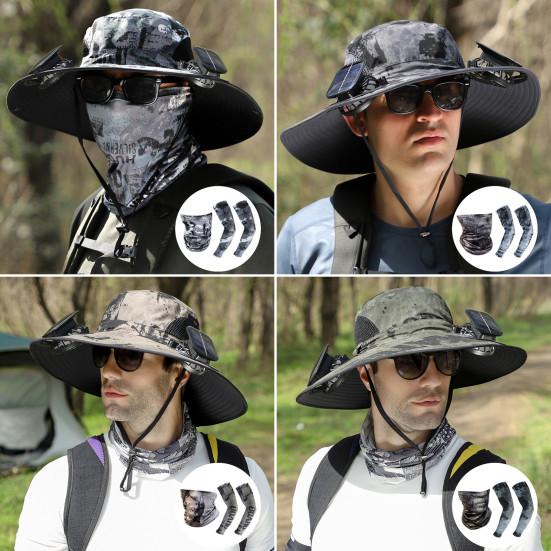 1 Set Solar Fan Hat with Arm Sleeves Neck Gaiter UV Protection USB Rechargeable Foldable Men Women Outdoor Fishing Hiking Cooling Fan Sun Hat