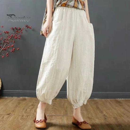 Loose Trousers Lantern Pants Summer Elastic Waist Solid Color Cotton Linen Dual Pockets Harem Ankle Length Fit Women Baggy Daily Wear Casual