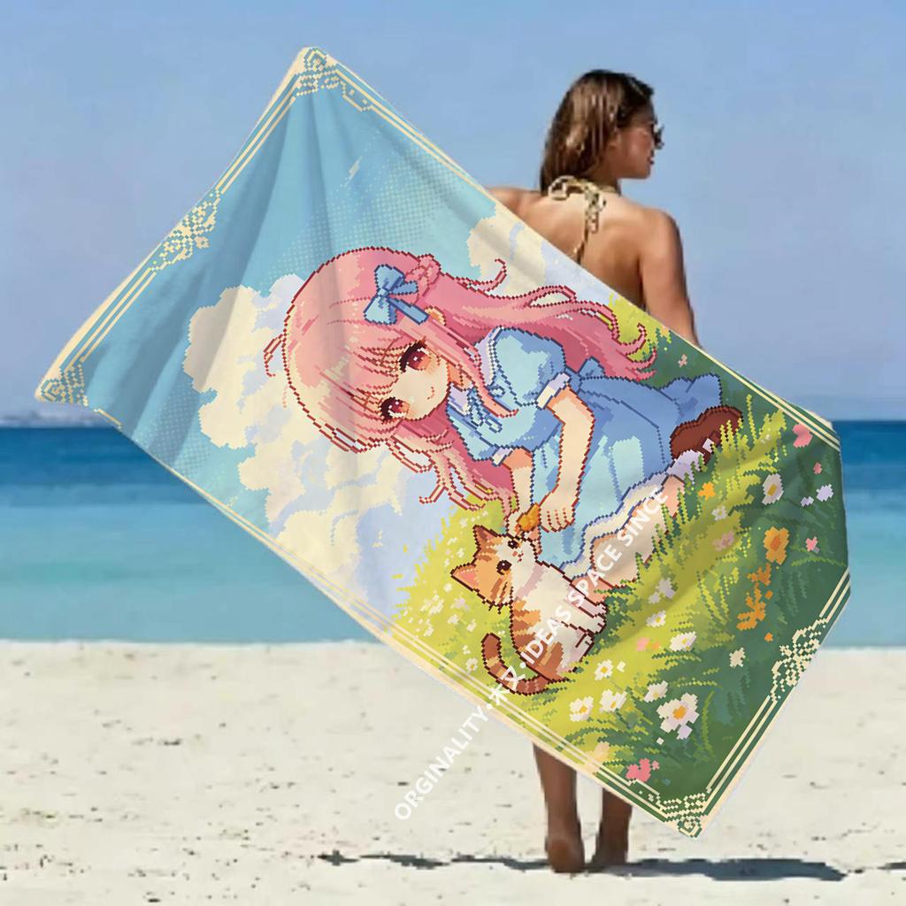 Pixel Chibi Girl Beach Towel Patterned Sunscreen And Windproof Suitable For Swimming Pool Camping Travel Blanket
