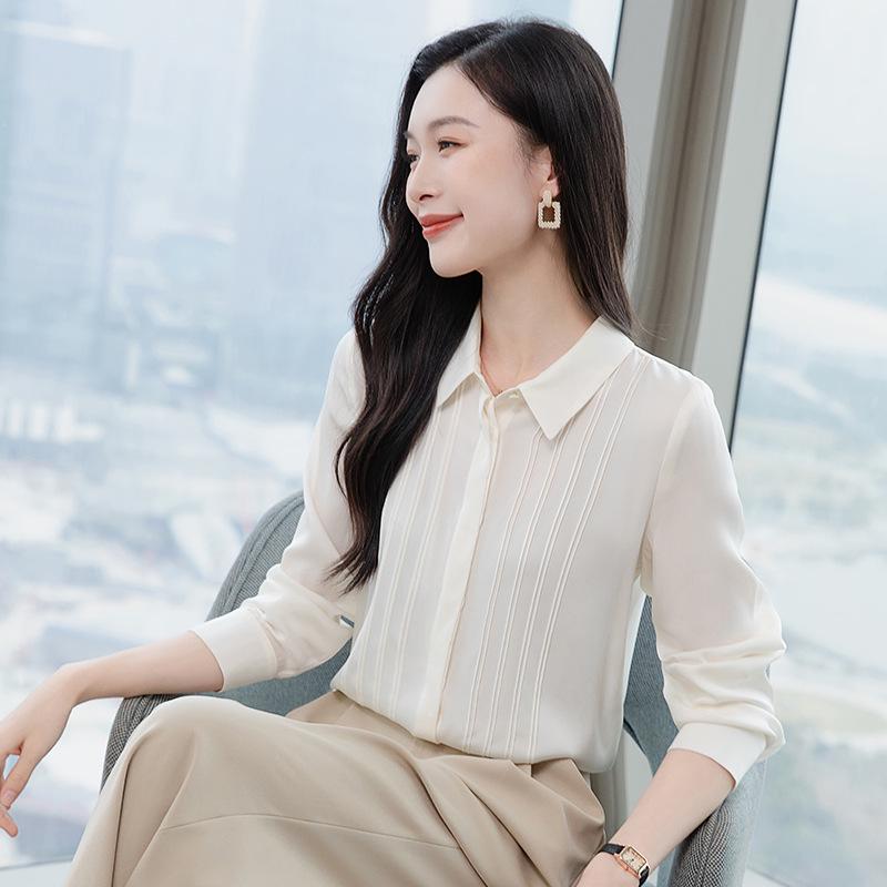 

Женская шелковая рубашка с длинным рукавом - Весна 2025, плиссированный стиль, однотонная, свободный крой, приталенный топ из шелка тутового дерева XL белый