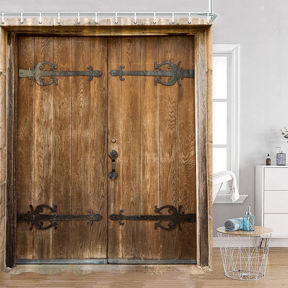 Rustic Barn Door Shower Curtains Grey White Brown Wooden Board Vintage Farmhouse Decorative Polyester Fabric Bathroom Curtains