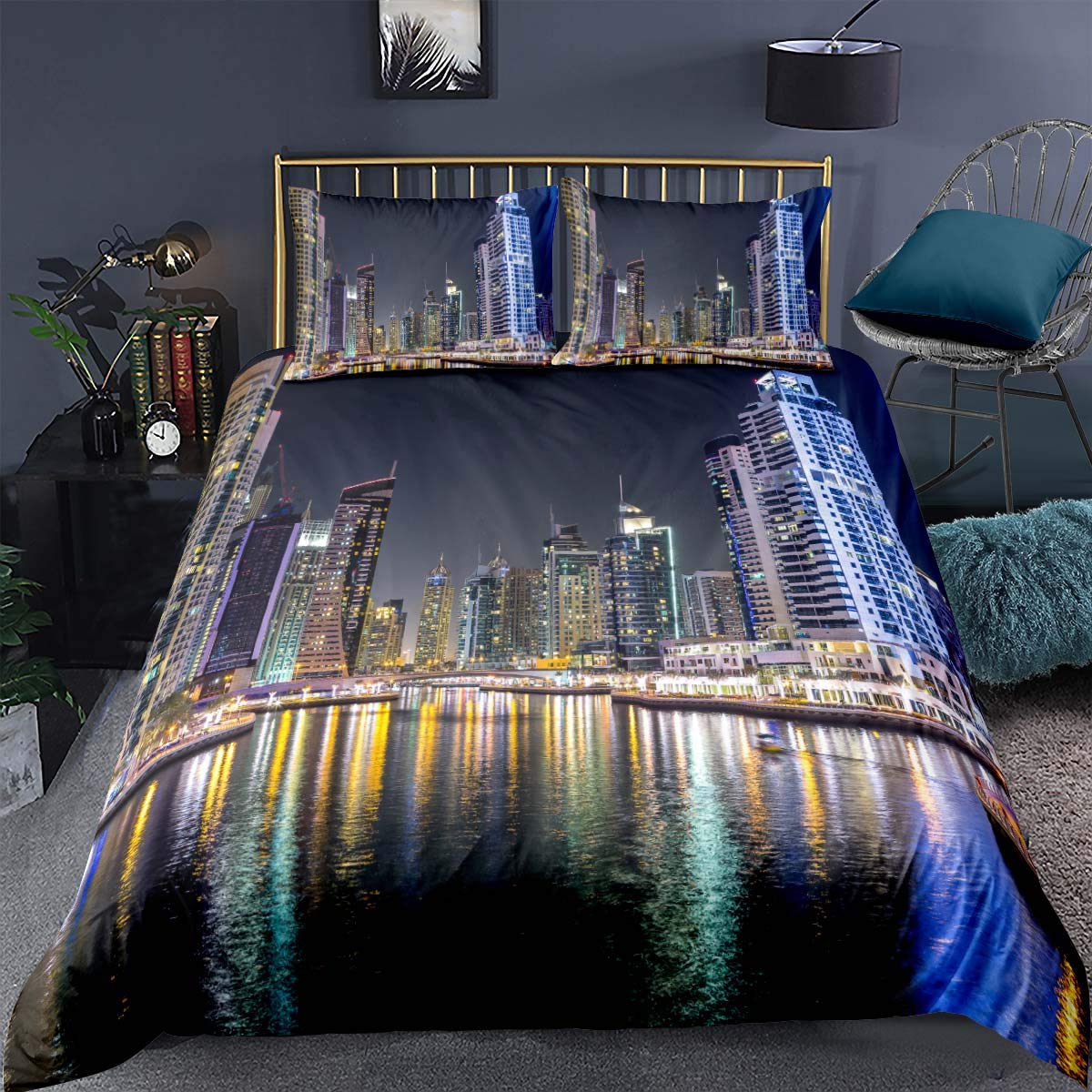 

Modern City Duvet Cover Sets for Kids Boys Girls Queen Lightweight Quilt Covers Bedroom Decor Building Bedding Sets No Comforter (135x200cm)