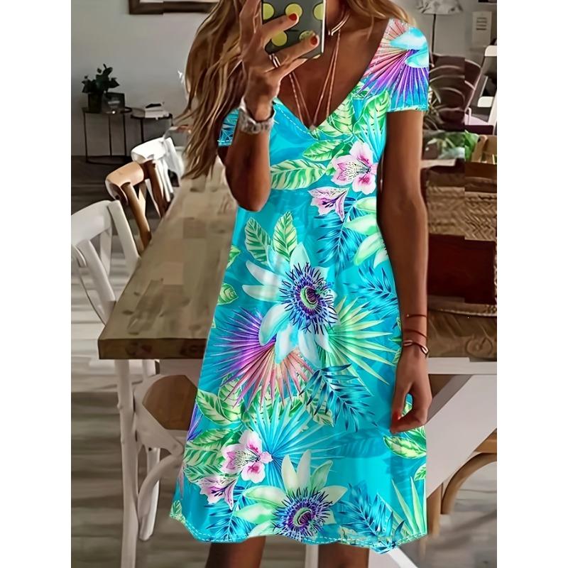 

New Women s Elegant V-neck Dress Fashionable Summer Beach Mid Length Skirt Swinging Flower Sun Skirt XL