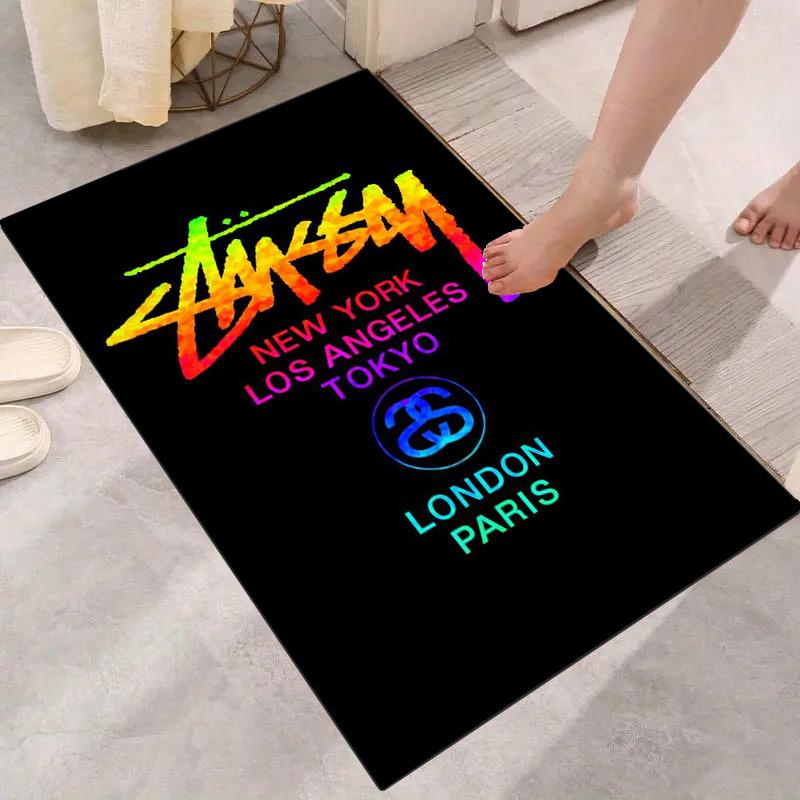 Black Base City Names No.4 Logo Area Rug Non Slip Mat, White Print Global City Street Art Carpet for Living Room Decor