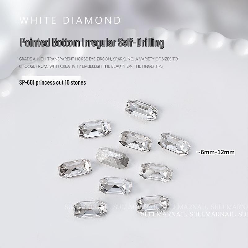 Nail Art Rhinestones Set: Heart, Crooked Heart, White Diamond, Peach Heart, Square, and Transparent Shapes (10 Pieces)