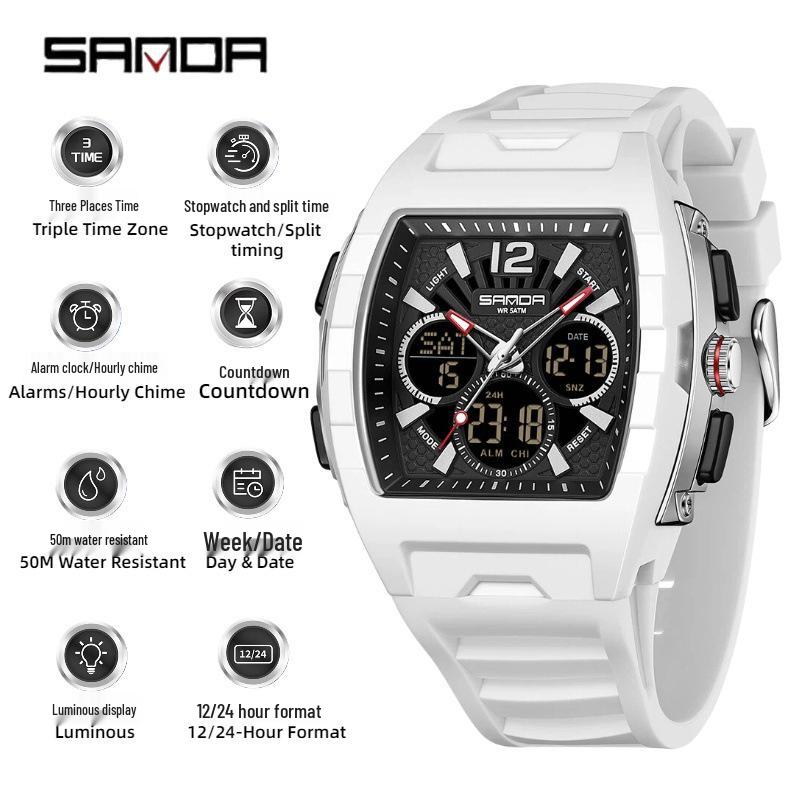 Sanda Men's Sports Barrel-Shaped Luminous Countdown Watch with Triple Time Zone and Dual Display, Waterproof Design.