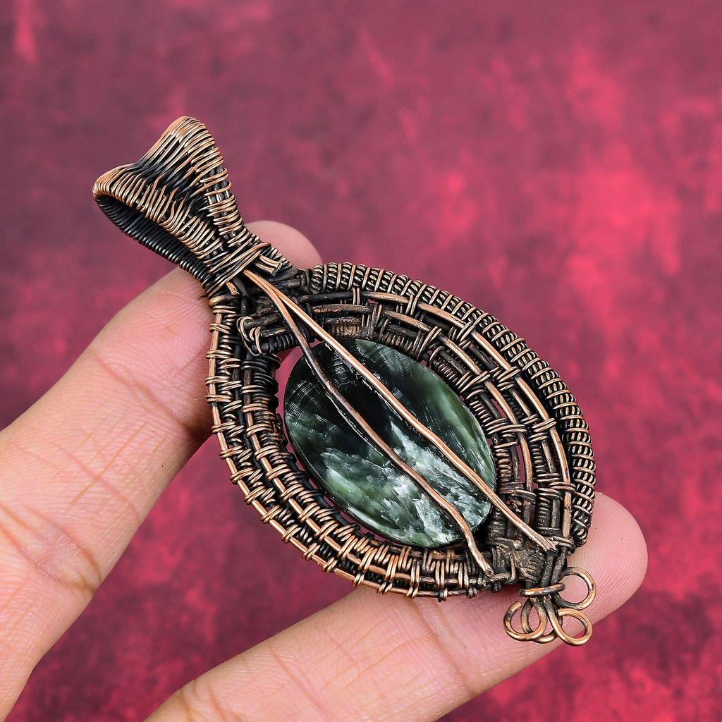 Seraphinite pendant copper wire wrapped pendant seraphinite gemstone jewelry handmade stylish pendant copper wire wrap jewelry gifts for him