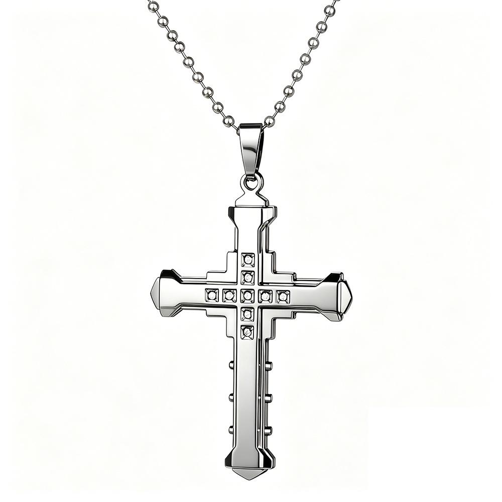 Men's Multi-layer Three-color Diamond Inlaid Cross Necklace