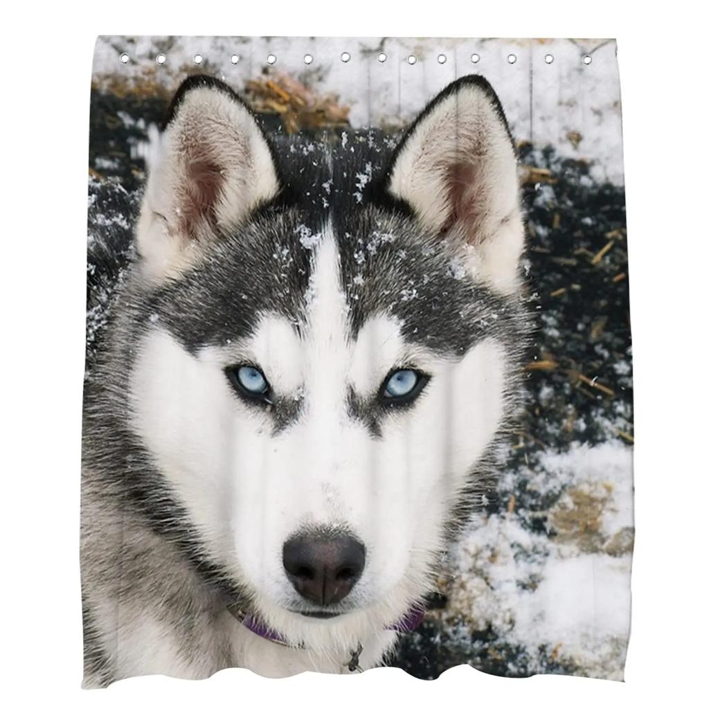 Süßer Sibirischer Husky Duschvorhang Weihnachtlicher Duschvorhang Set Husky Hund Welpe Badezimmervorhang Haustier Hunde Weihnachten Heimdekoration