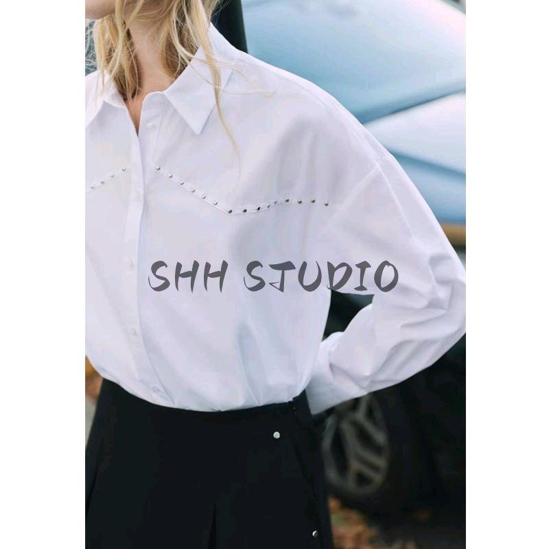 Spring New Women Clothes French Style Rivet Decoration Punk Loose Poplin Long Sleeve Lapel Shirts 3564172