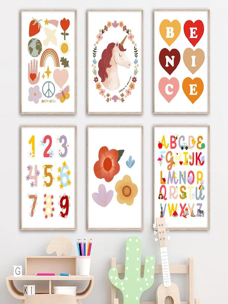 Adorable Alphabet Numbers Unicorn Horse Fruits Flowers Cartoon Wall Art Canvas Painting Prints Baby Kids Room Decor