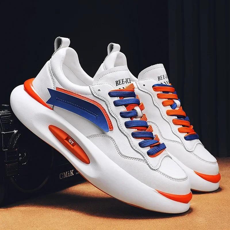 European Men Fashion Genuine Leather Casual Sport Shoes Cool Chunky Sneakers Young Man Street Thick-soled Trainers